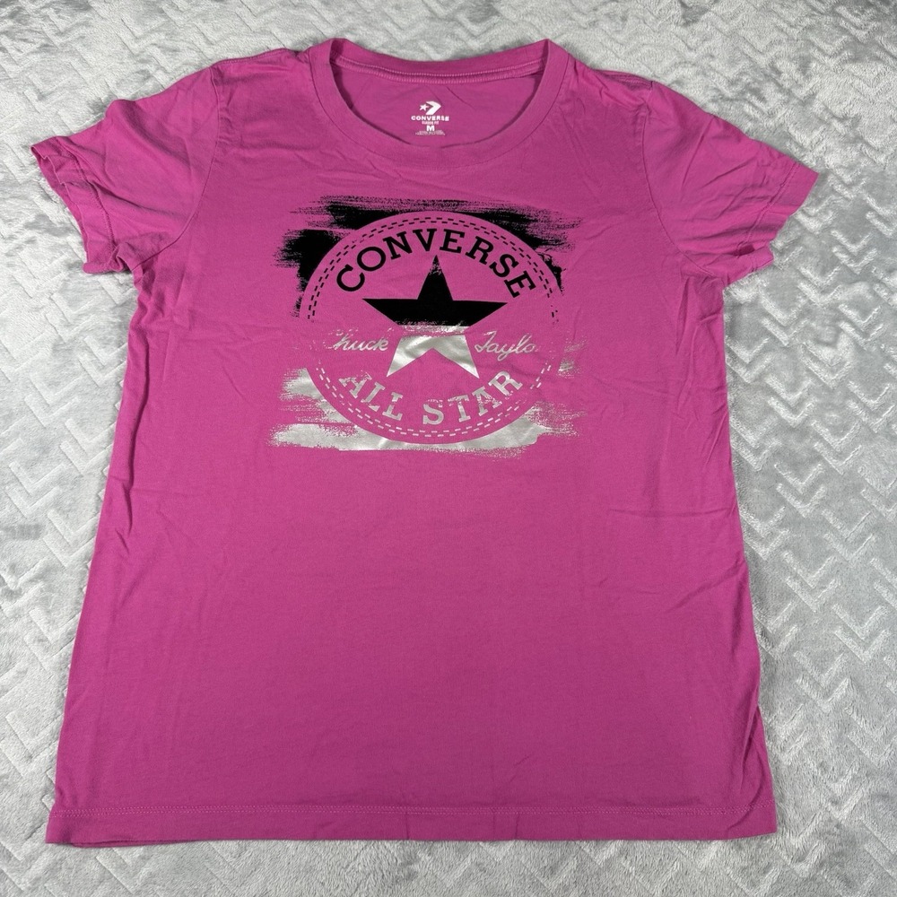 Converse All Star Graphic Tee Shirt Women Medium Pink Black Silver Metallic Logo